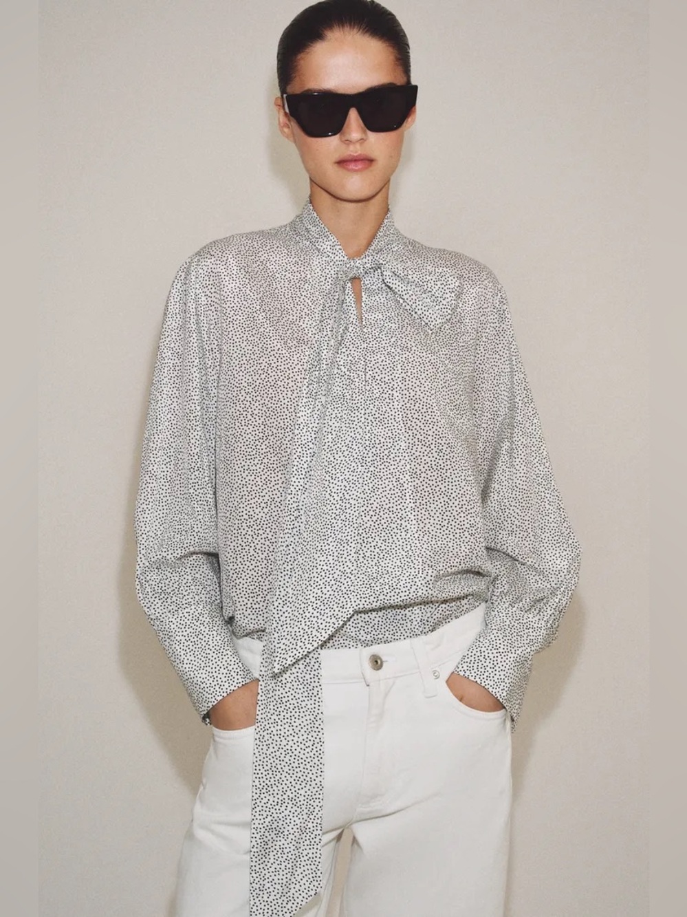 Zara White Blouse with Black Micro Dot Tie-Neck. POP